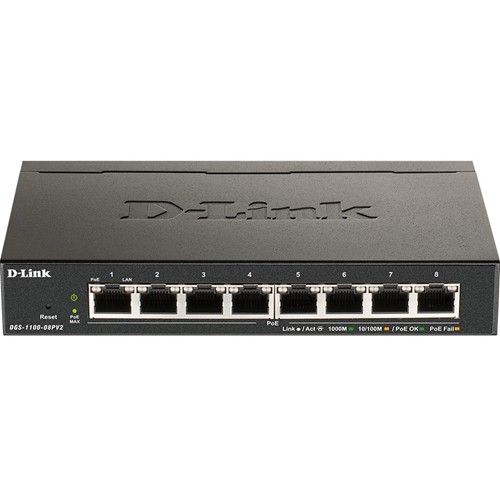 Commutateur Ethernet D-Link DGS-1100 DGS-1100-08PV2 8 Ports G&eacute;rable - 2 Couche support&eacute;e - 77,90 W Power Consumption - 64 W Budget PoE - Paire torsad&eacute;e - PoE Ports - Bureau